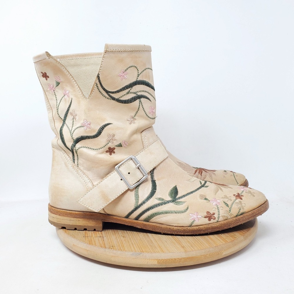 Cento Boots Womens 38 Floral Embroidered Leather Slouch Moto Vintage Shoes